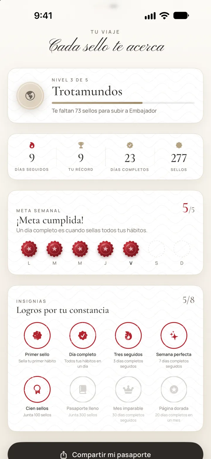 Sección Tu viaje con rango, rachas, meta semanal e insignias